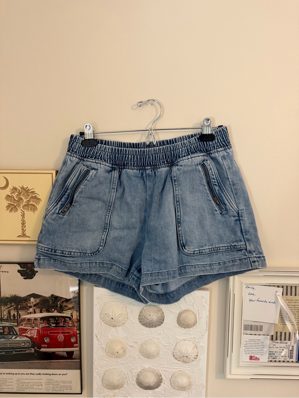 Aerie Light Blue Denim Elastic-Waist Shorts medium